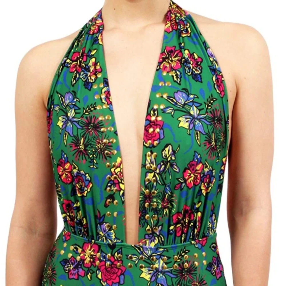 YMI One Piece Swimsuit Womens 2XL Plus Green Floral Halter Plunge Studded